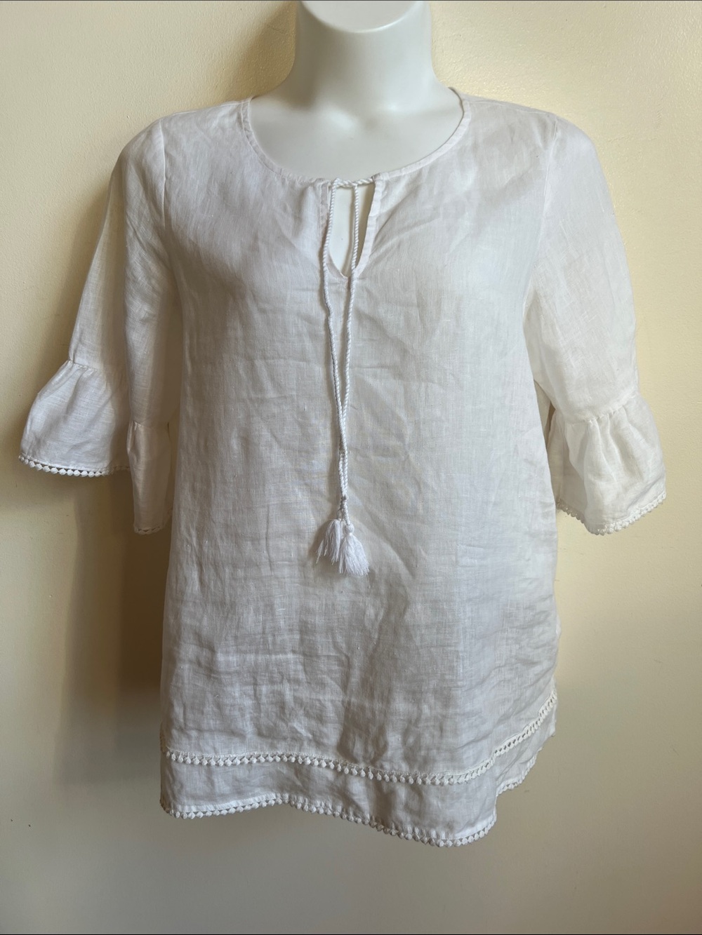 Tahari Linen Tassel Peasant Top crisp white with decorative edge and sleeves